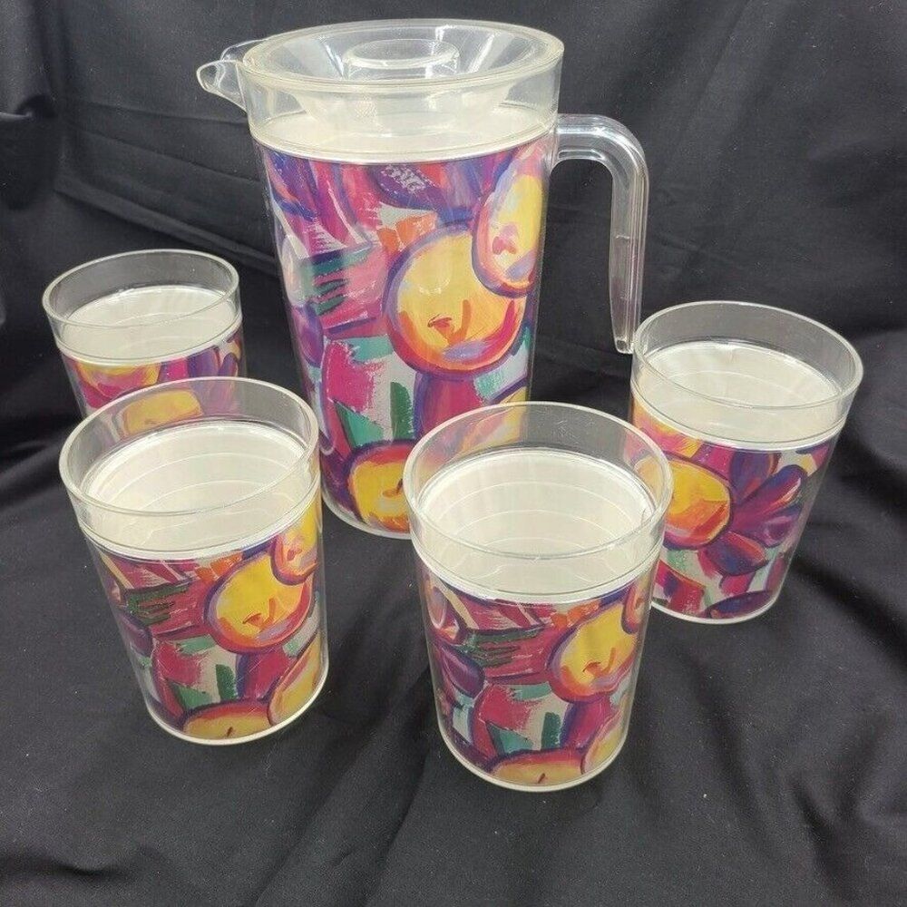 Vintage 80s Novelty Crystal Corp Pitcher 4 glasses 5 piece Fruit Pattern